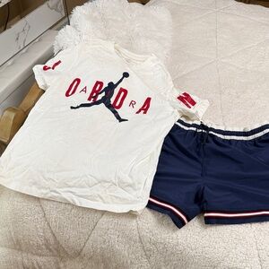 Jordan White Tee and Shorts with Red and blue Logo